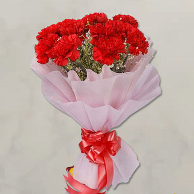 "Bunch of 12 Red Carnations with fillers - Click here to View more details about this Product